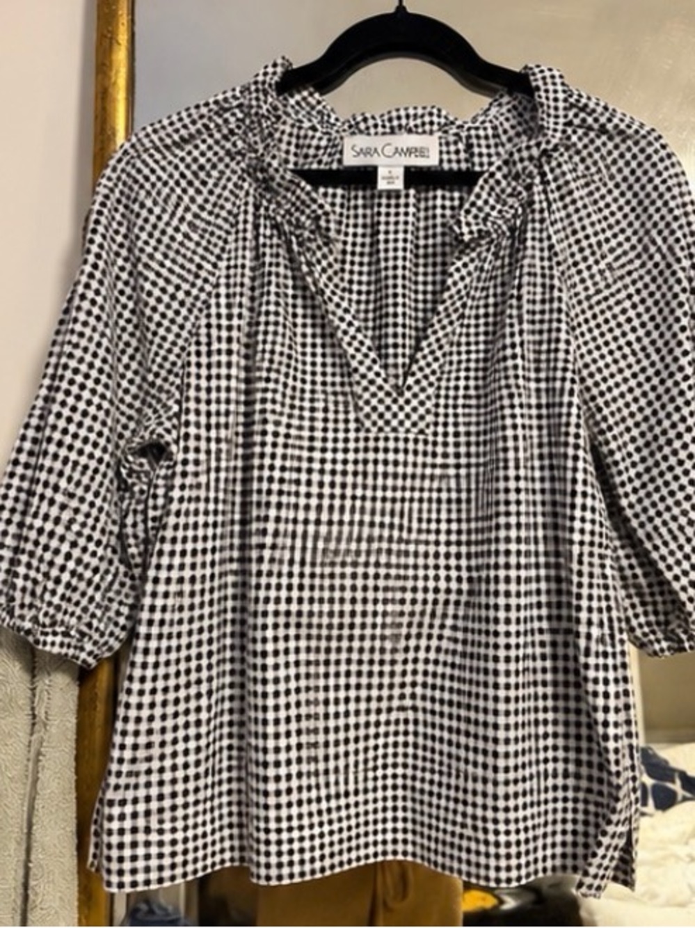 Sara Campbell Black & White Gingham V-Neck Peasant Top